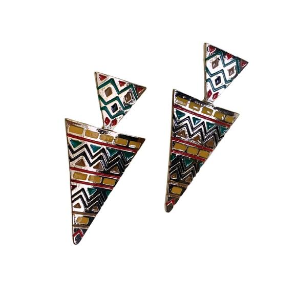 Colorful Gold Triangle Earrings Statement Tribal African Aztec Red Yellow Green - Picture 1 of 6